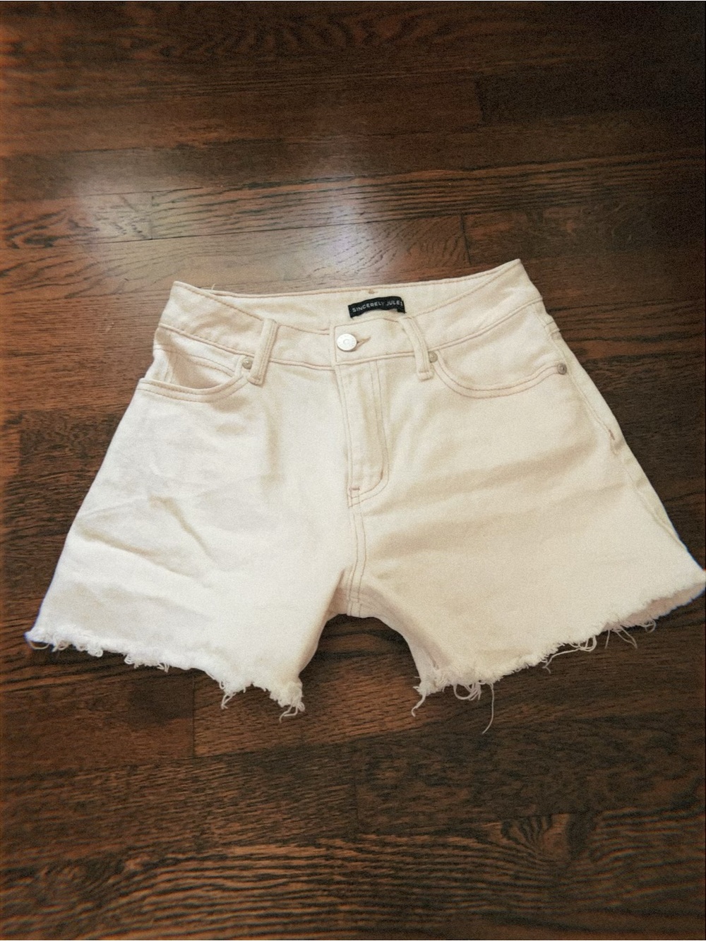 Sincerely Jules Cream High-Rise Frayed Denim Shorts